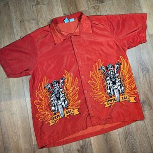 Night Rider Biker Shirt Men’s XXL Rust Flame Motorcycle PHYS SCI Button Up Y2K